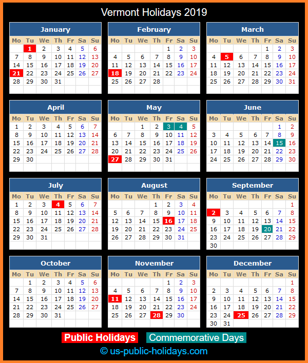 Vermont Holiday Calendar 2019